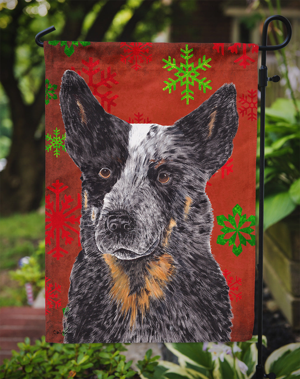 Australian Cattle Dog Red Green Snowflakes Christmas Garden Flag Mailbox Decorative Yard Banner Outside Patio Artwork for Flower Beds, Garden Size, Multicolor