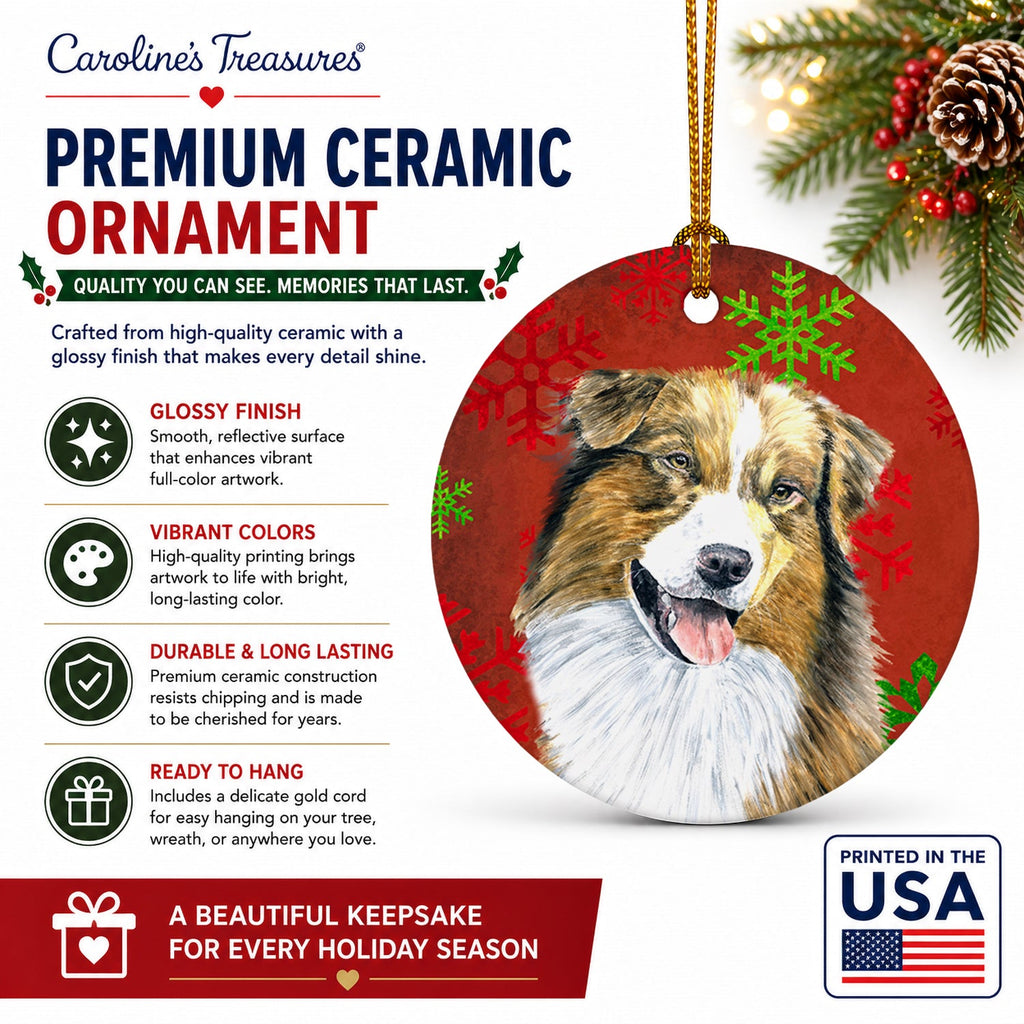 Australian Shepherd Red Green Snowflakes Christmas Ceramic Ornament Christmas Tree Hanging Decorations for Home Christmas Holiday, Party, Gift, 3 in, Multicolor