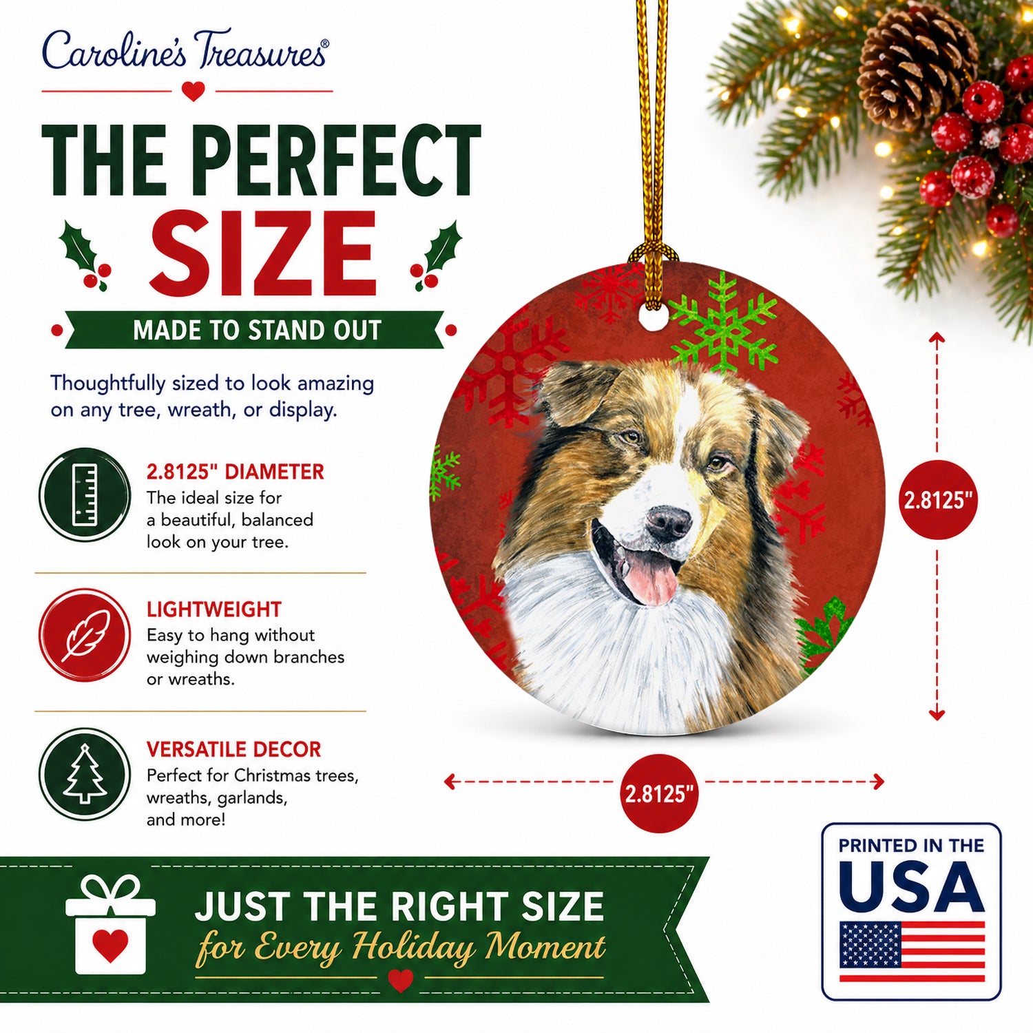 Australian Shepherd Red Green Snowflakes Christmas Ceramic Ornament Christmas Tree Hanging Decorations for Home Christmas Holiday, Party, Gift, 3 in, Multicolor