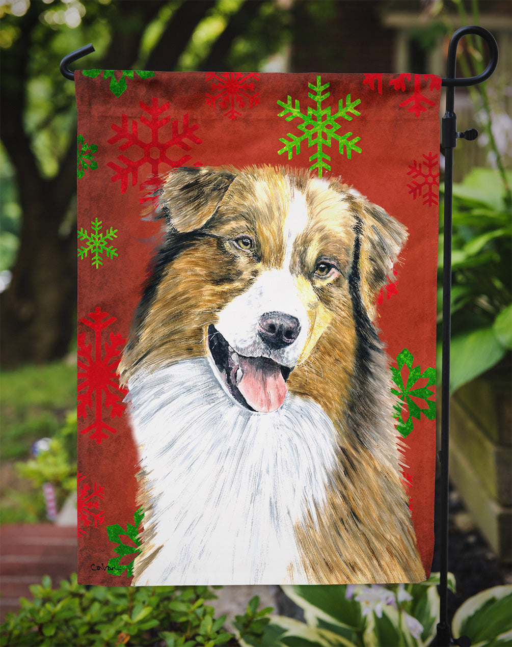 Australian Shepherd Red Green Snowflakes Christmas Garden Flag Mailbox Decorative Yard Banner Outside Patio Artwork for Flower Beds, Garden Size, Multicolor