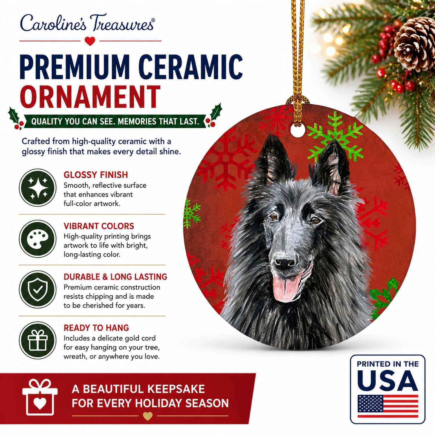 Belgian Sheepdog Red and Green Snowflakes Holiday Christmas Ceramic Ornament Christmas Tree Hanging Decorations for Home Christmas Holiday, Party, Gift, 3 in, Multicolor