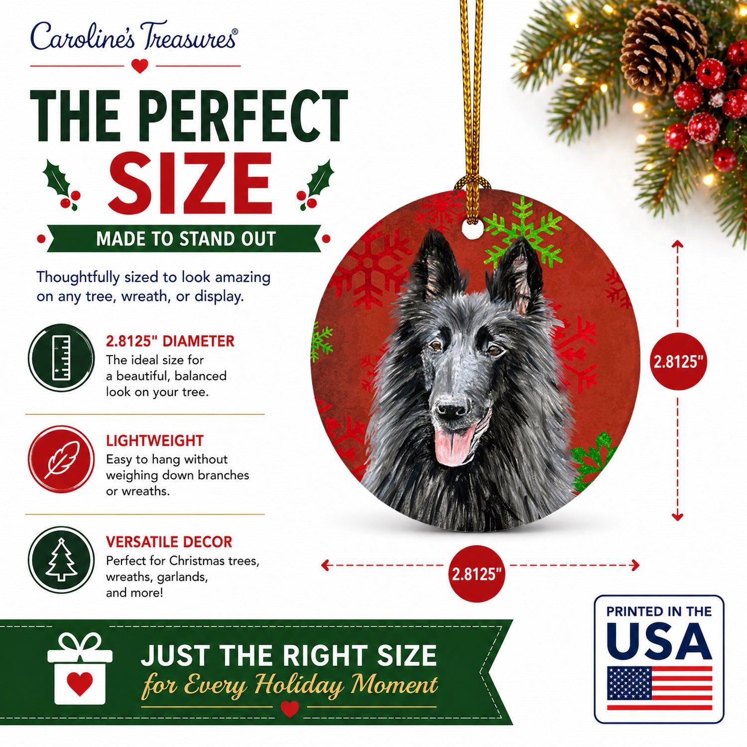 Belgian Sheepdog Red and Green Snowflakes Holiday Christmas Ceramic Ornament Christmas Tree Hanging Decorations for Home Christmas Holiday, Party, Gift, 3 in, Multicolor