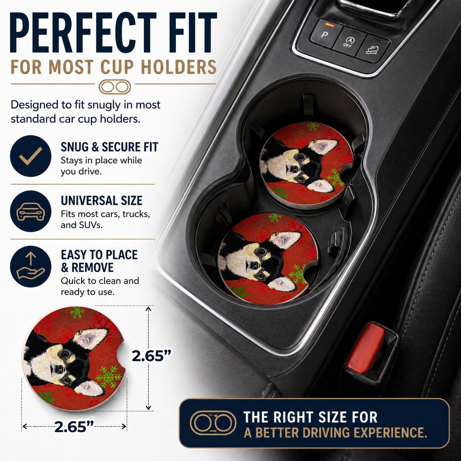 Chihuahua Red and Green Snowflakes Holiday Christmas Set of 2 Cup Holder Car Coasters Absorbent Round Sandstone Coasters Gifts for Men or Women, 2.5, Multicolor