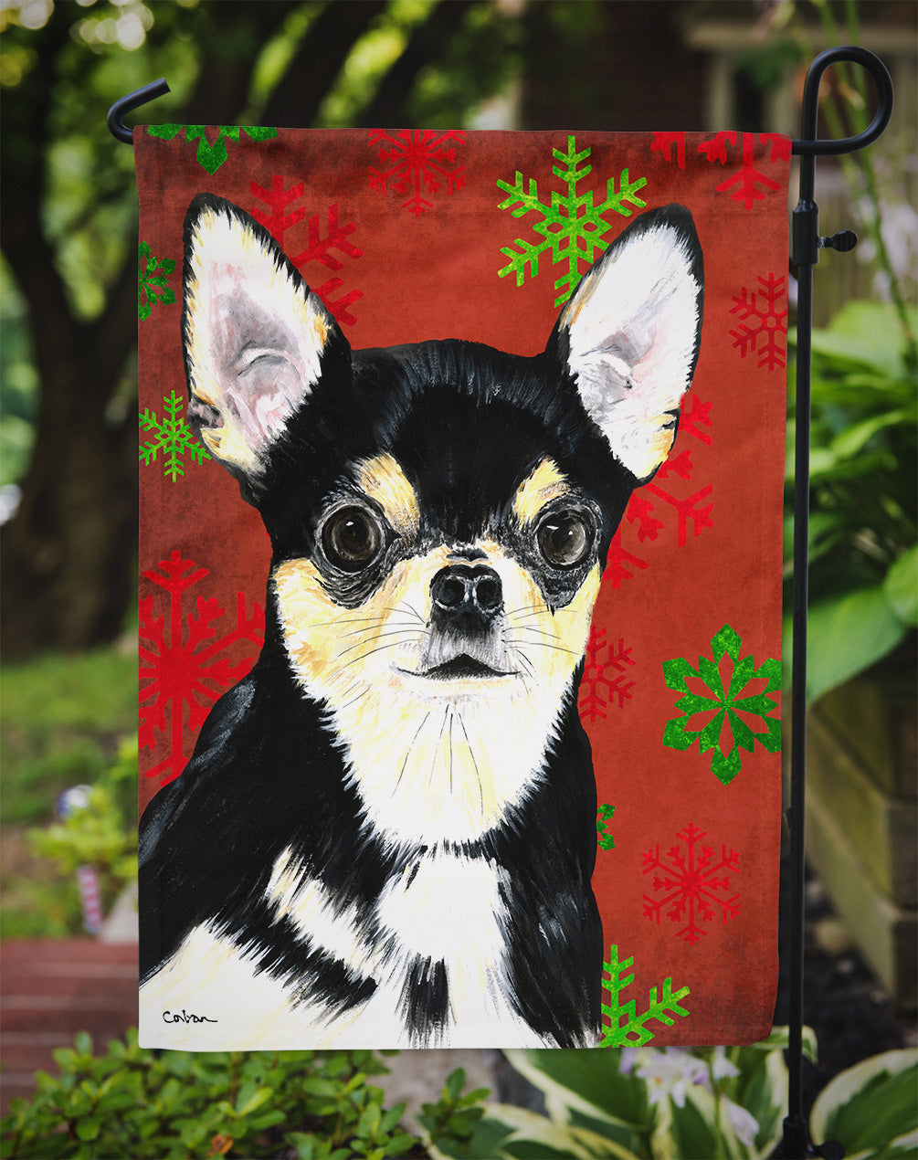 Chihuahua Red and Green Snowflakes Holiday Christmas Garden Flag Mailbox Decorative Yard Banner Outside Patio Artwork for Flower Beds, Garden Size, Multicolor