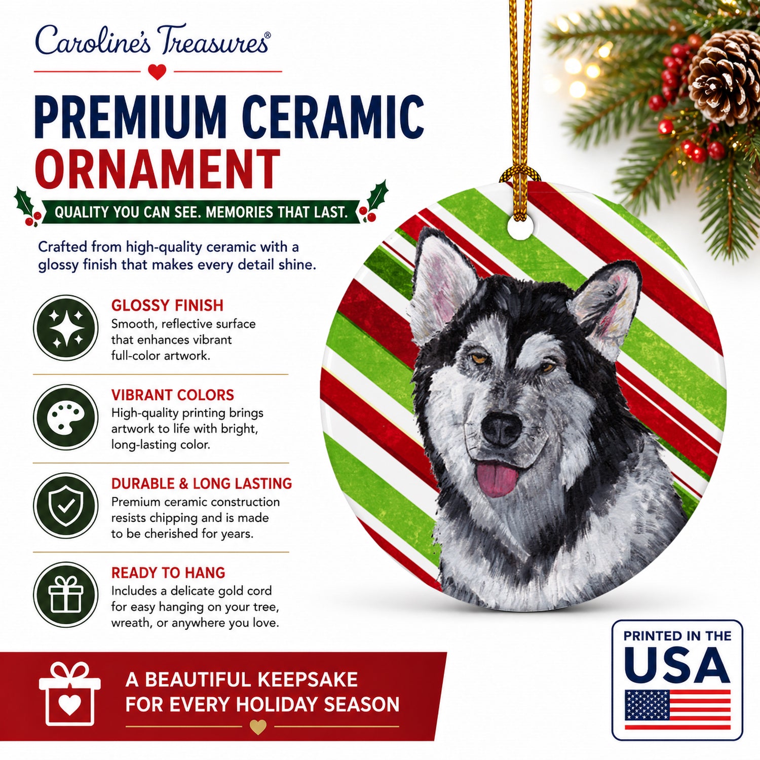 Alaskan Malamute Candy Cane Holiday Christmas Ceramic Ornament Christmas Tree Hanging Decorations for Home Christmas Holiday, Party, Gift, 3 in, Multicolor