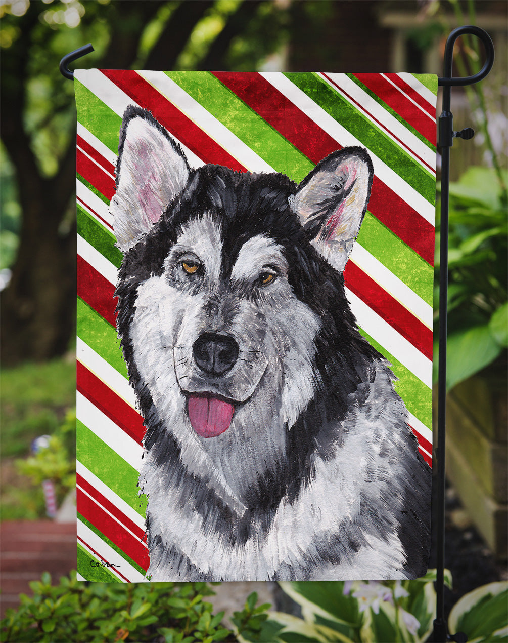 Alaskan Malamute Candy Cane Holiday Christmas Garden Flag Mailbox Decorative Yard Banner Outside Patio Artwork for Flower Beds, Garden Size, Multicolor