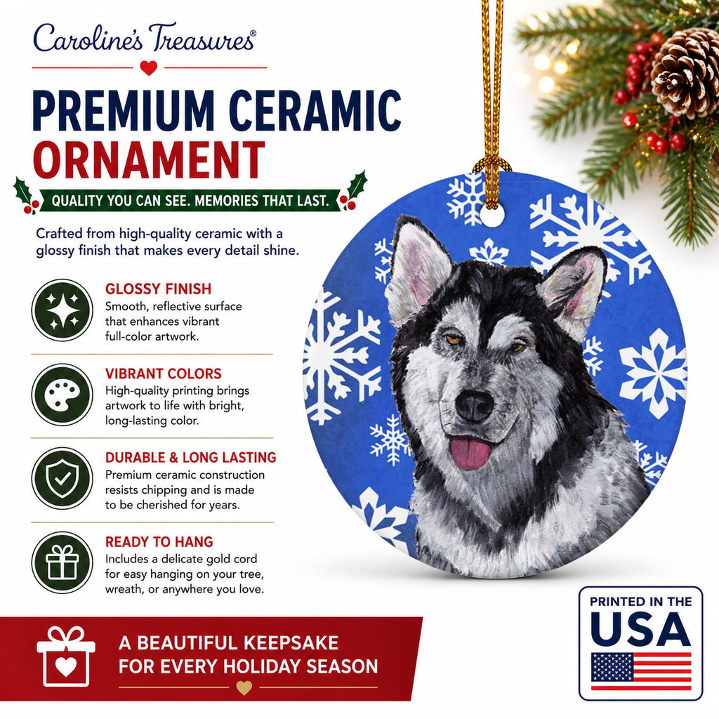 Alaskan Malamute Winter Snowflakes Holiday Ceramic Ornament Christmas Tree Hanging Decorations for Home Christmas Holiday, Party, Gift, 3 in, Multicolor