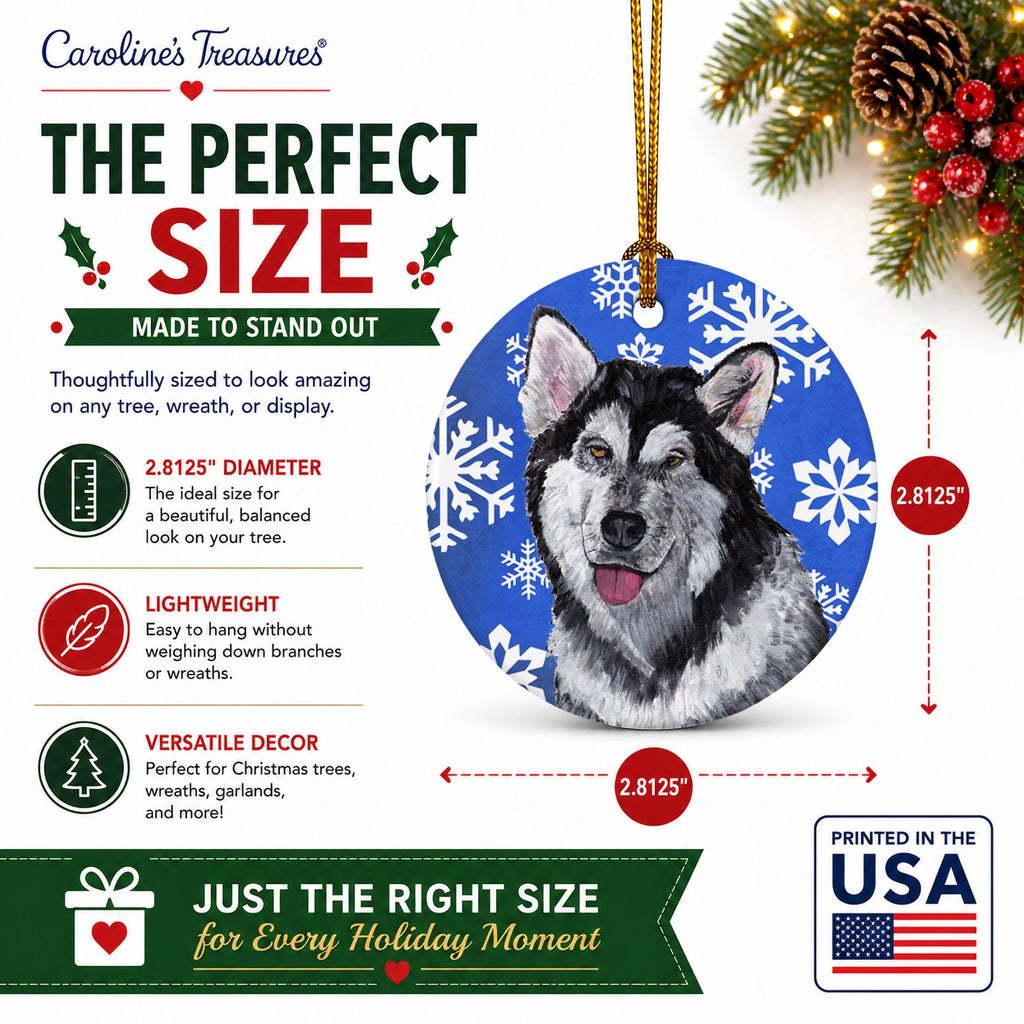 Alaskan Malamute Winter Snowflakes Holiday Ceramic Ornament Christmas Tree Hanging Decorations for Home Christmas Holiday, Party, Gift, 3 in, Multicolor