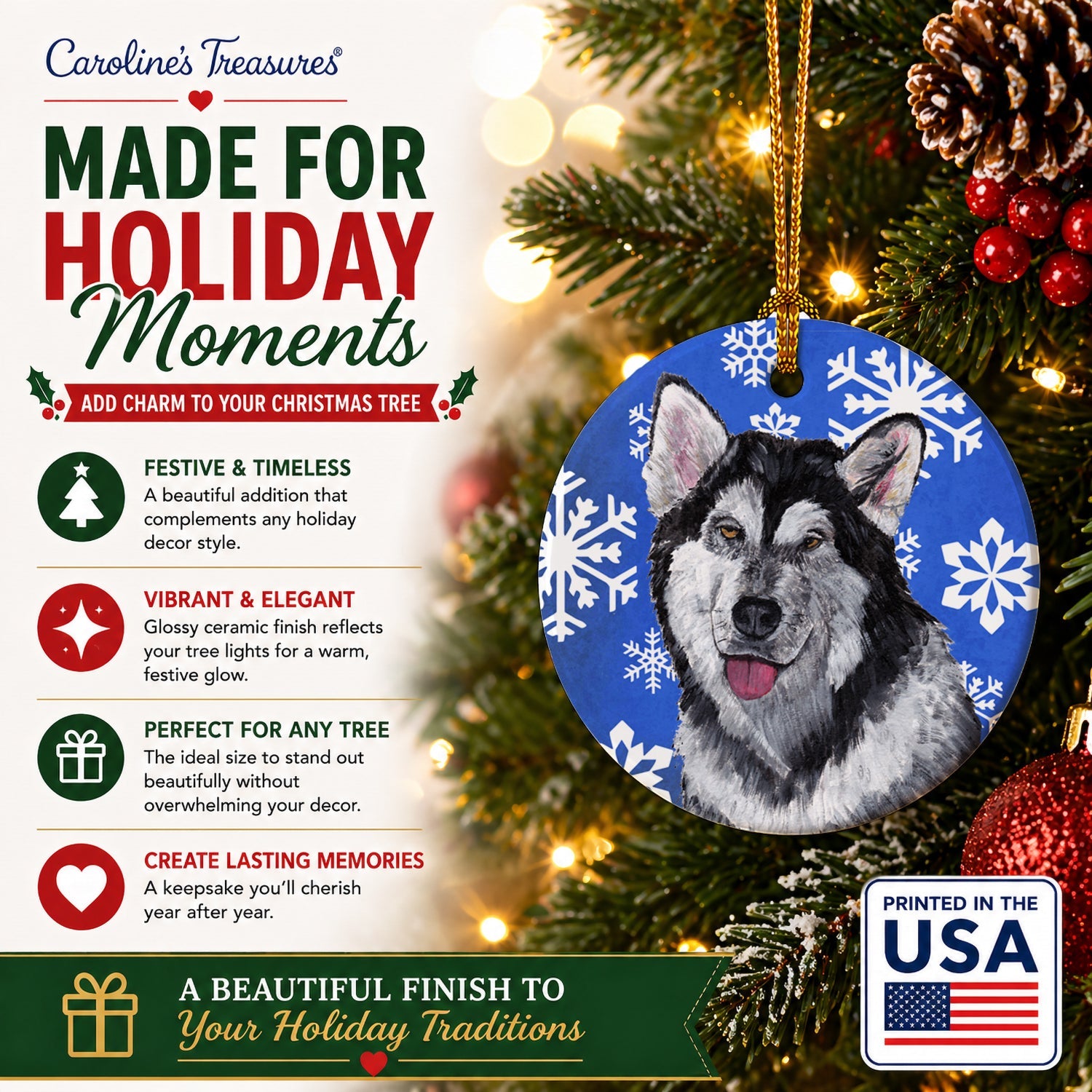 Alaskan Malamute Winter Snowflakes Holiday Ceramic Ornament Christmas Tree Hanging Decorations for Home Christmas Holiday, Party, Gift, 3 in, Multicolor