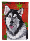 Alaskan Malamute Red Snowflakes Holiday Christmas House Flag 28x40 Porch Sleeve Pole Decorative Outside Yard Banner Artwork Wall Hanging, Polyester