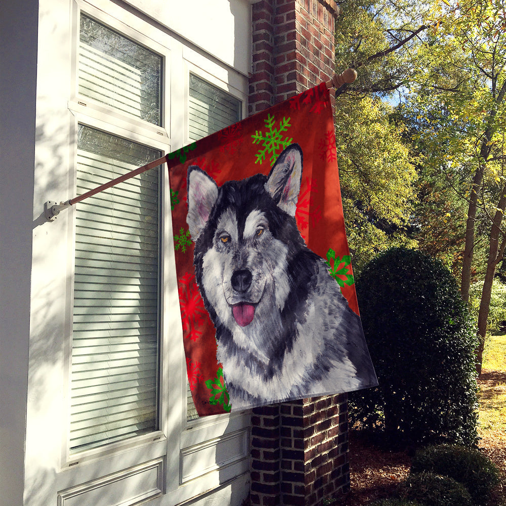 Alaskan Malamute Red Snowflakes Holiday Christmas House Flag 28x40 Porch Sleeve Pole Decorative Outside Yard Banner Artwork Wall Hanging, Polyester
