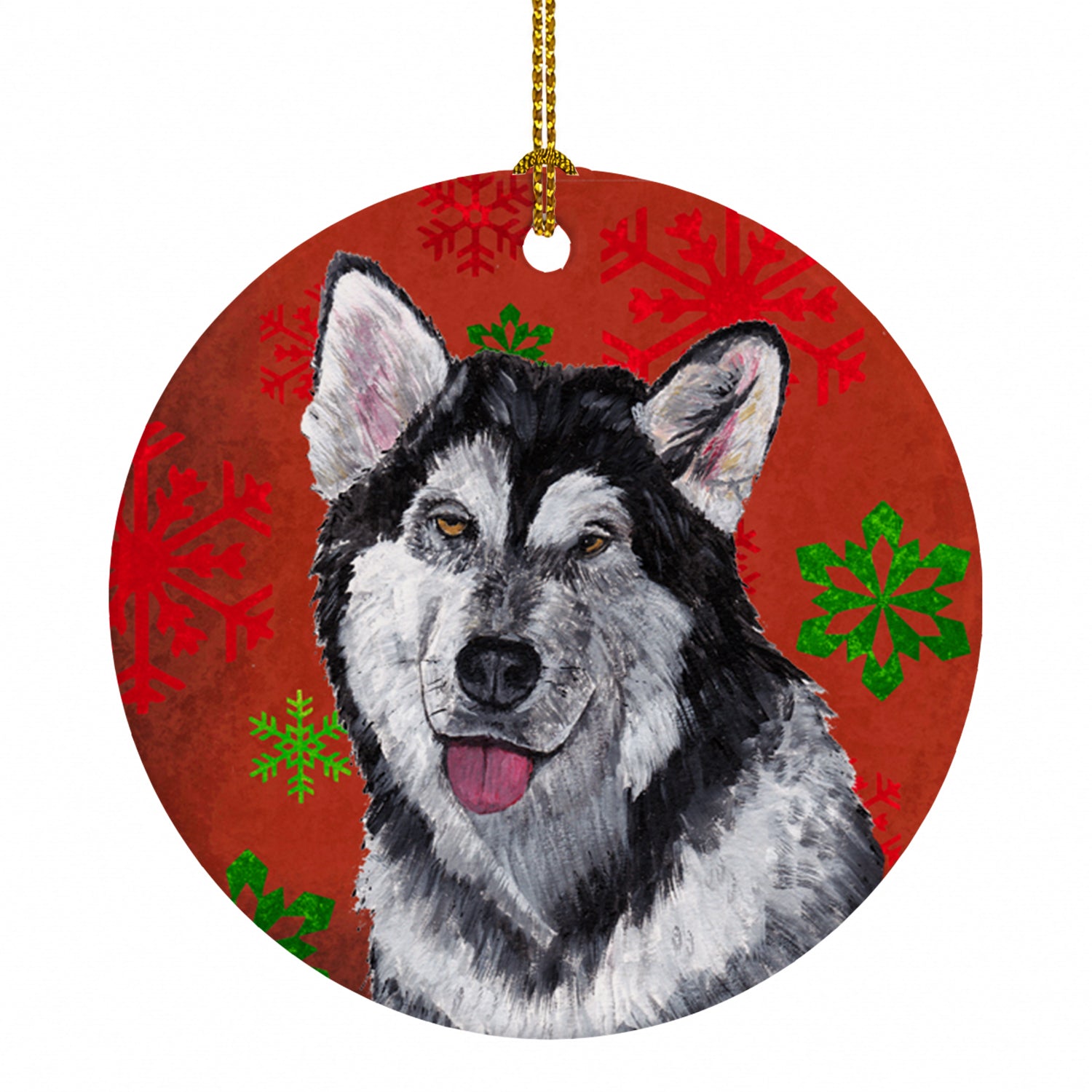 Alaskan Malamute Red Snowflakes Holiday Christmas  Ceramic Ornament Christmas Tree Hanging Decorations for Home Christmas Holiday, Party, Gift, 3 in, Multicolor