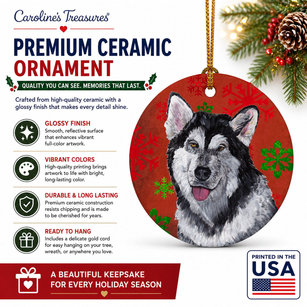 Alaskan Malamute Red Snowflakes Holiday Christmas  Ceramic Ornament Christmas Tree Hanging Decorations for Home Christmas Holiday, Party, Gift, 3 in, Multicolor