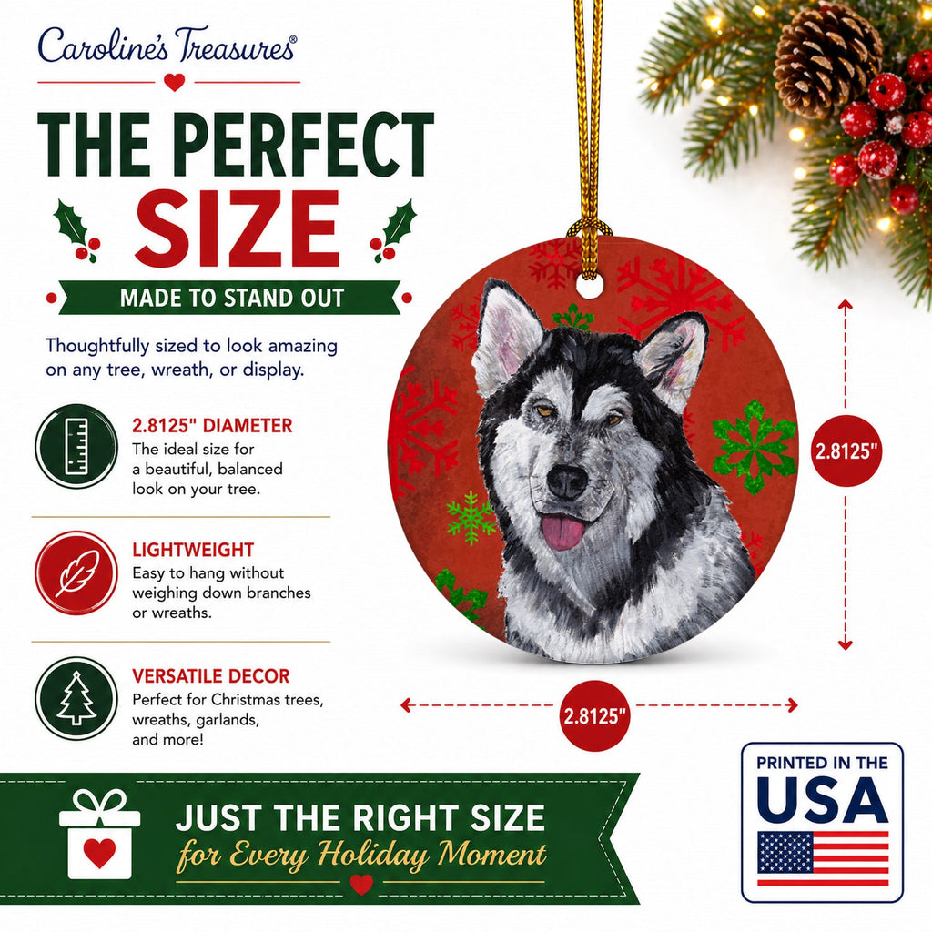 Alaskan Malamute Red Snowflakes Holiday Christmas  Ceramic Ornament Christmas Tree Hanging Decorations for Home Christmas Holiday, Party, Gift, 3 in, Multicolor