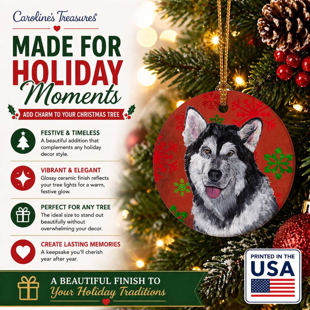 Alaskan Malamute Red Snowflakes Holiday Christmas  Ceramic Ornament Christmas Tree Hanging Decorations for Home Christmas Holiday, Party, Gift, 3 in, Multicolor