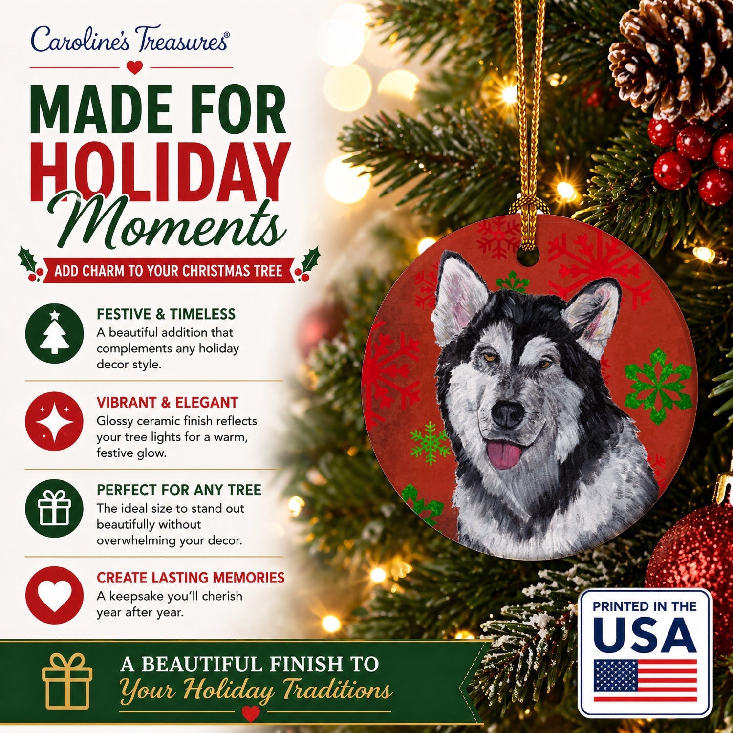 Alaskan Malamute Red Snowflakes Holiday Christmas  Ceramic Ornament Christmas Tree Hanging Decorations for Home Christmas Holiday, Party, Gift, 3 in, Multicolor