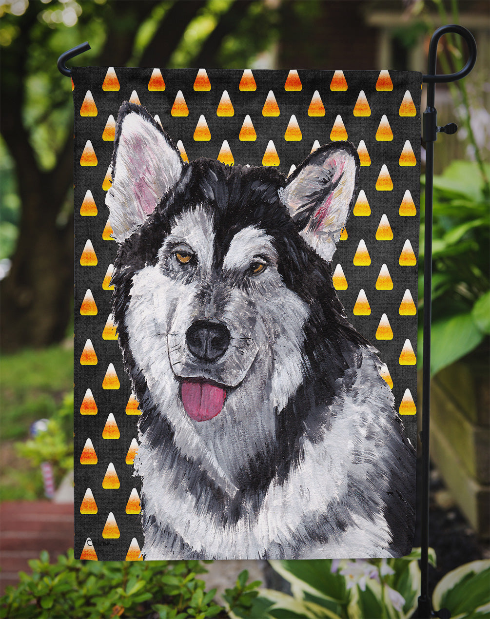 Alaskan Malamute Candy Corn Halloween Garden Flag Mailbox Decorative Yard Banner Outside Patio Artwork for Flower Beds, Garden Size, Multicolor