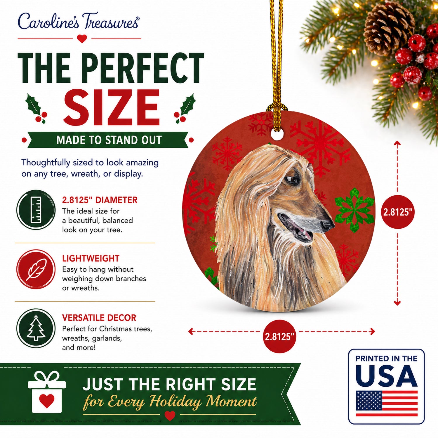 Afghan Hound Red Snowflakes Holiday Christmas  Ceramic Ornament Christmas Tree Hanging Decorations for Home Christmas Holiday, Party, Gift, 3 in, Multicolor
