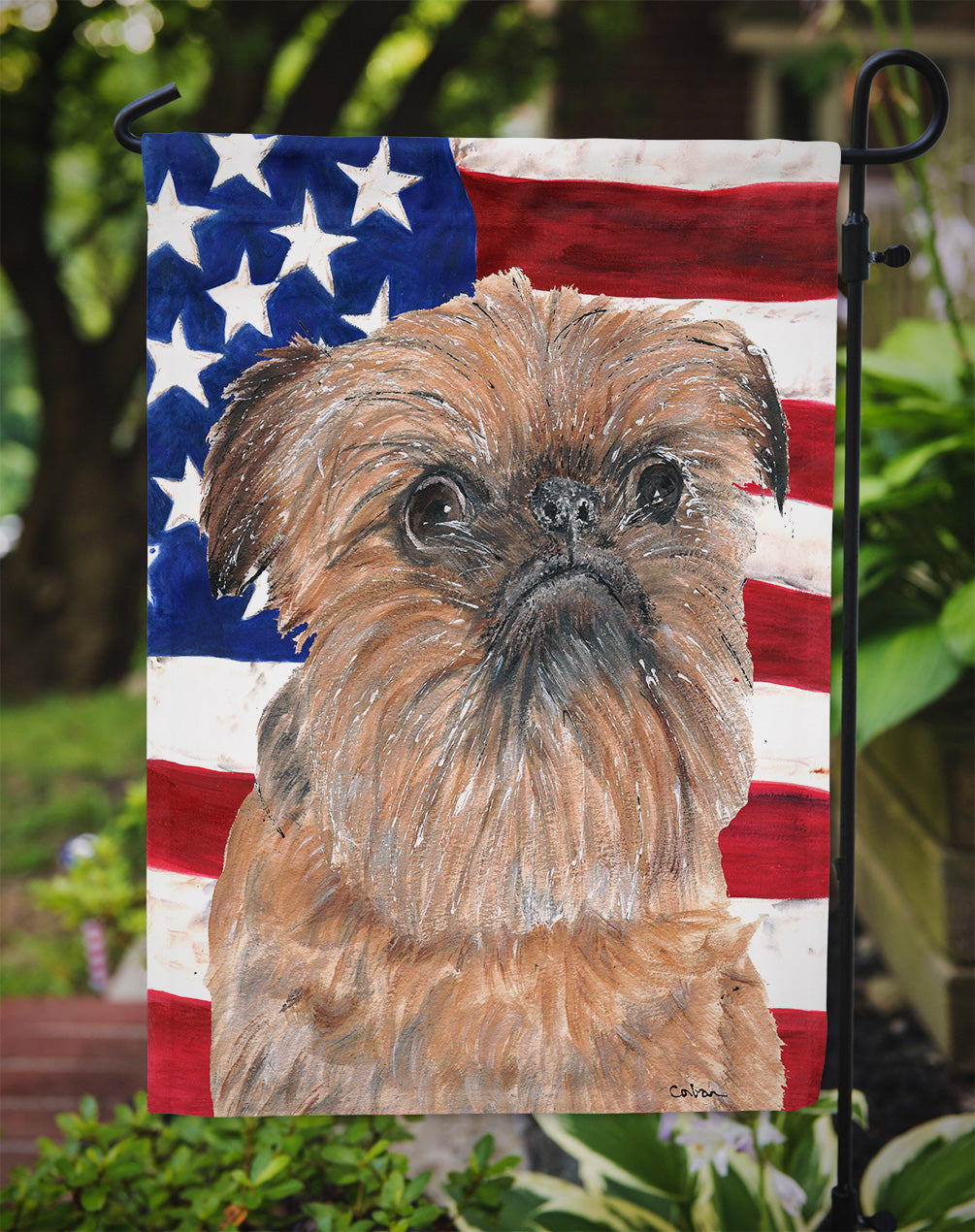 Brussels Griffon with American Flag Garden Flag Mailbox Decorative Yard Banner Outside Patio Artwork for Flower Beds, Garden Size, Multicolor