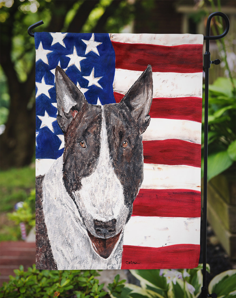 Bull Terrier with American Flag Garden Flag Mailbox Decorative Yard Banner Outside Patio Artwork for Flower Beds, Garden Size, Multicolor