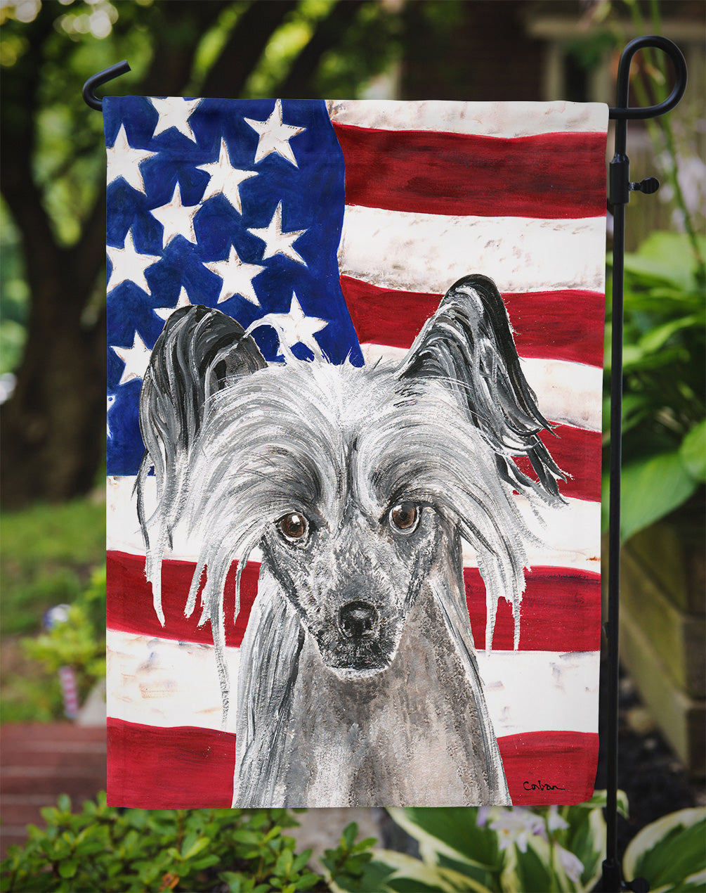 Chinese Crested with American Flag Garden Flag Mailbox Decorative Yard Banner Outside Patio Artwork for Flower Beds, Garden Size, Multicolor