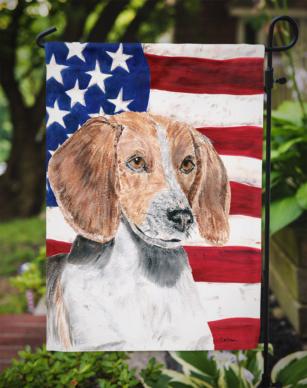 English Foxhound with American Flag Garden Flag Mailbox Decorative Yard Banner Outside Patio Artwork for Flower Beds, Garden Size, Multicolor