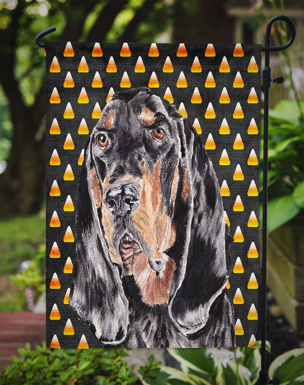 Black and Tan Coonhound  Candy Corn Halloween Garden Flag Mailbox Decorative Yard Banner Outside Patio Artwork for Flower Beds, Garden Size, Multicolor