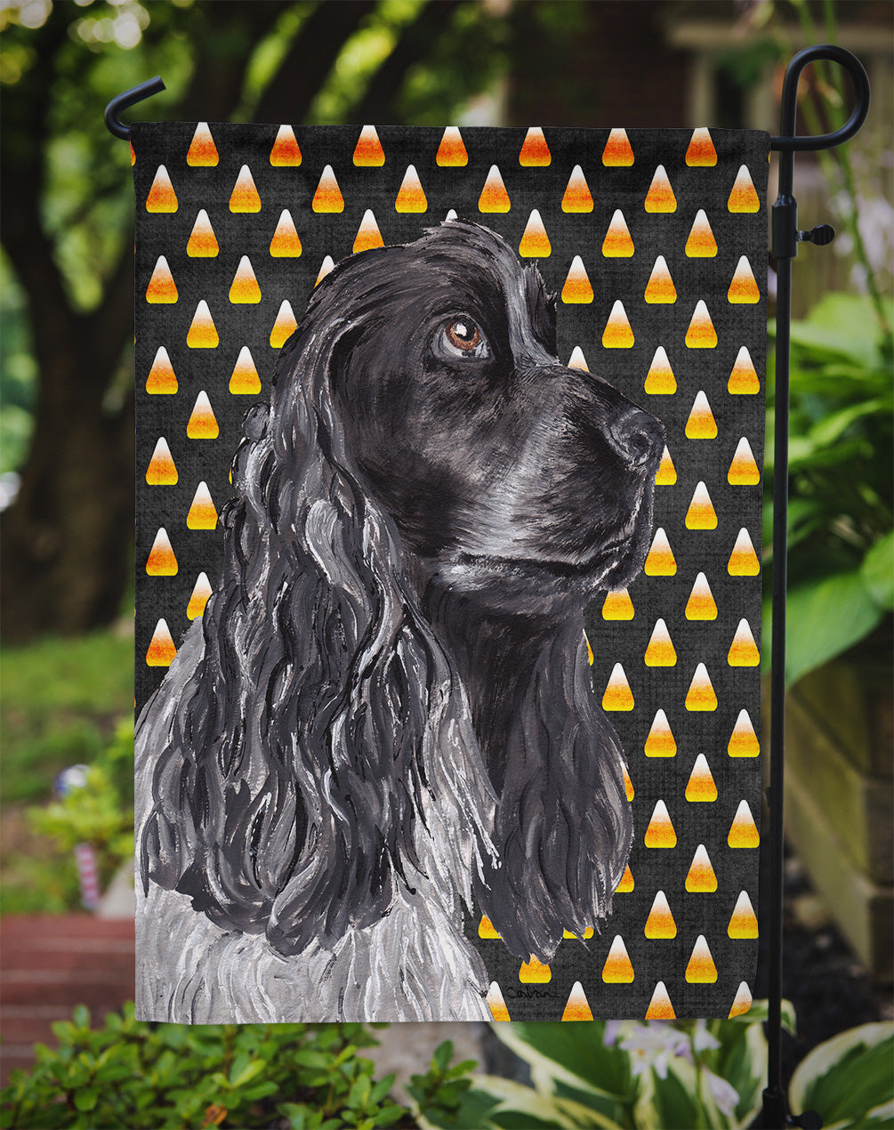 Black Cocker Spaniel  Candy Corn Halloween Garden Flag Mailbox Decorative Yard Banner Outside Patio Artwork for Flower Beds, Garden Size, Multicolor