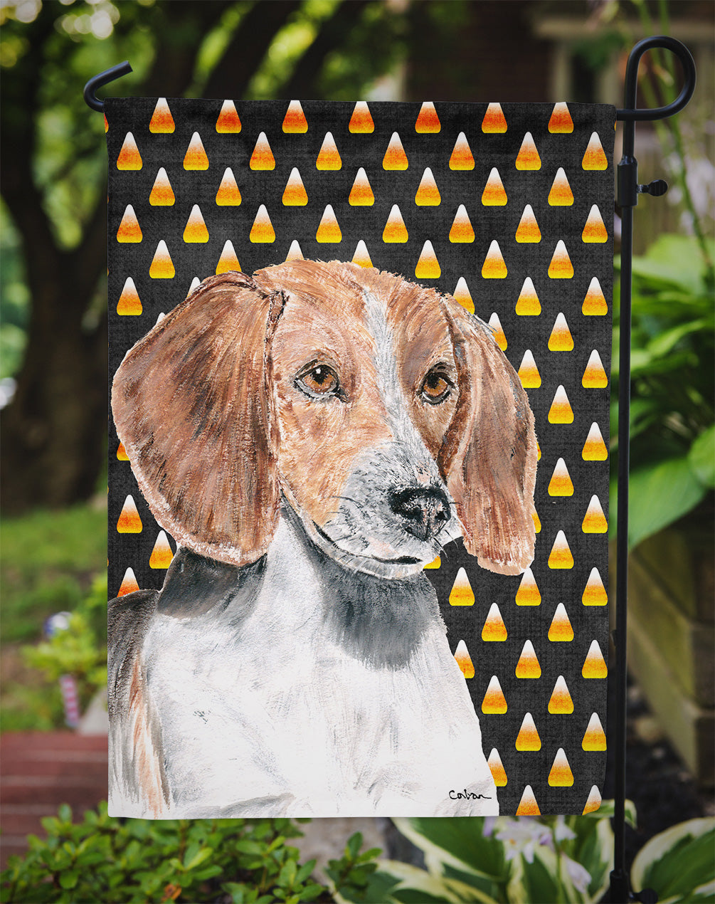 English Foxhound Candy Corn Halloween Garden Flag Mailbox Decorative Yard Banner Outside Patio Artwork for Flower Beds, Garden Size, Multicolor