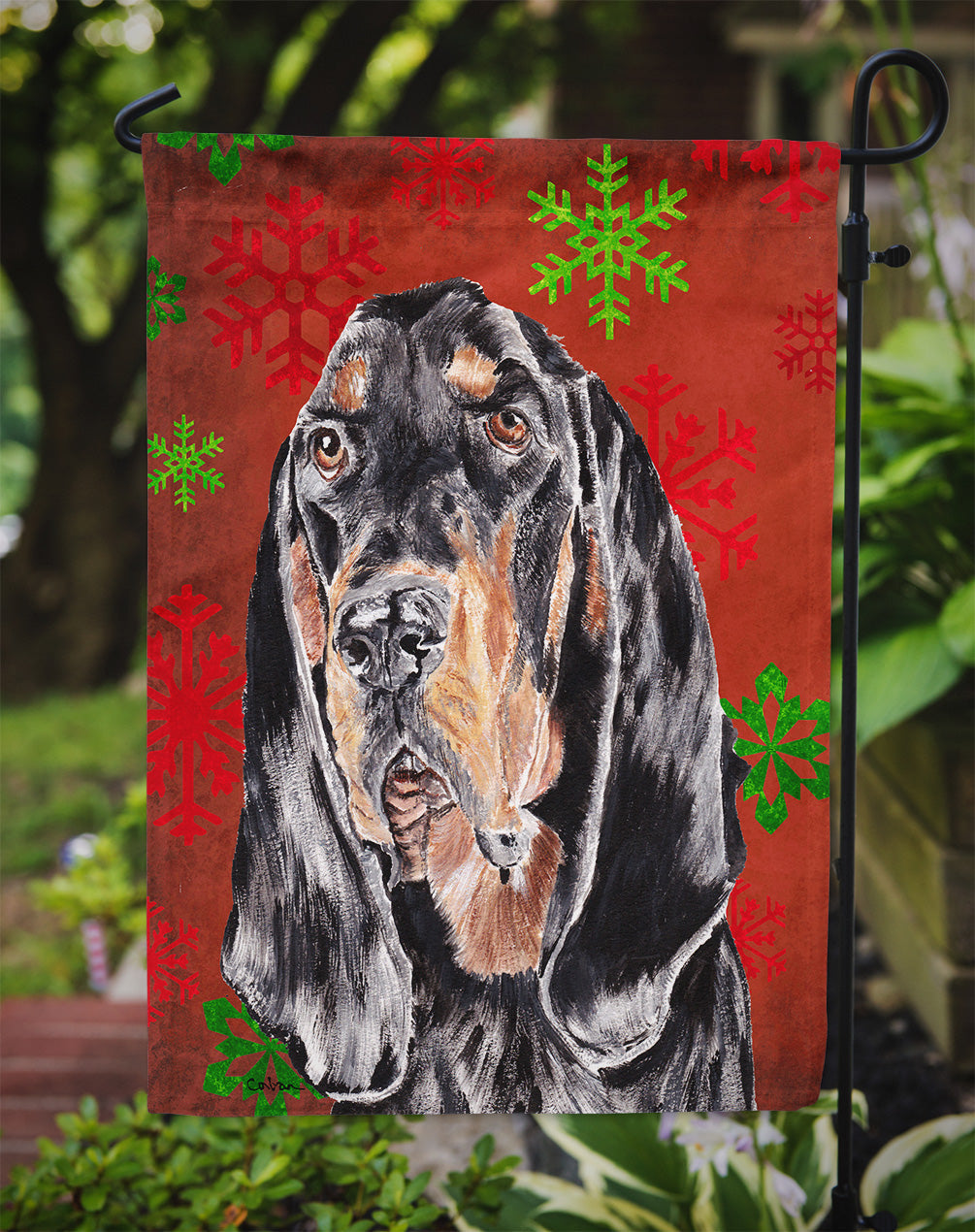 Black and Tan Coonhound Red Snowflakes Holiday Garden Flag Mailbox Decorative Yard Banner Outside Patio Artwork for Flower Beds, Garden Size, Multicolor