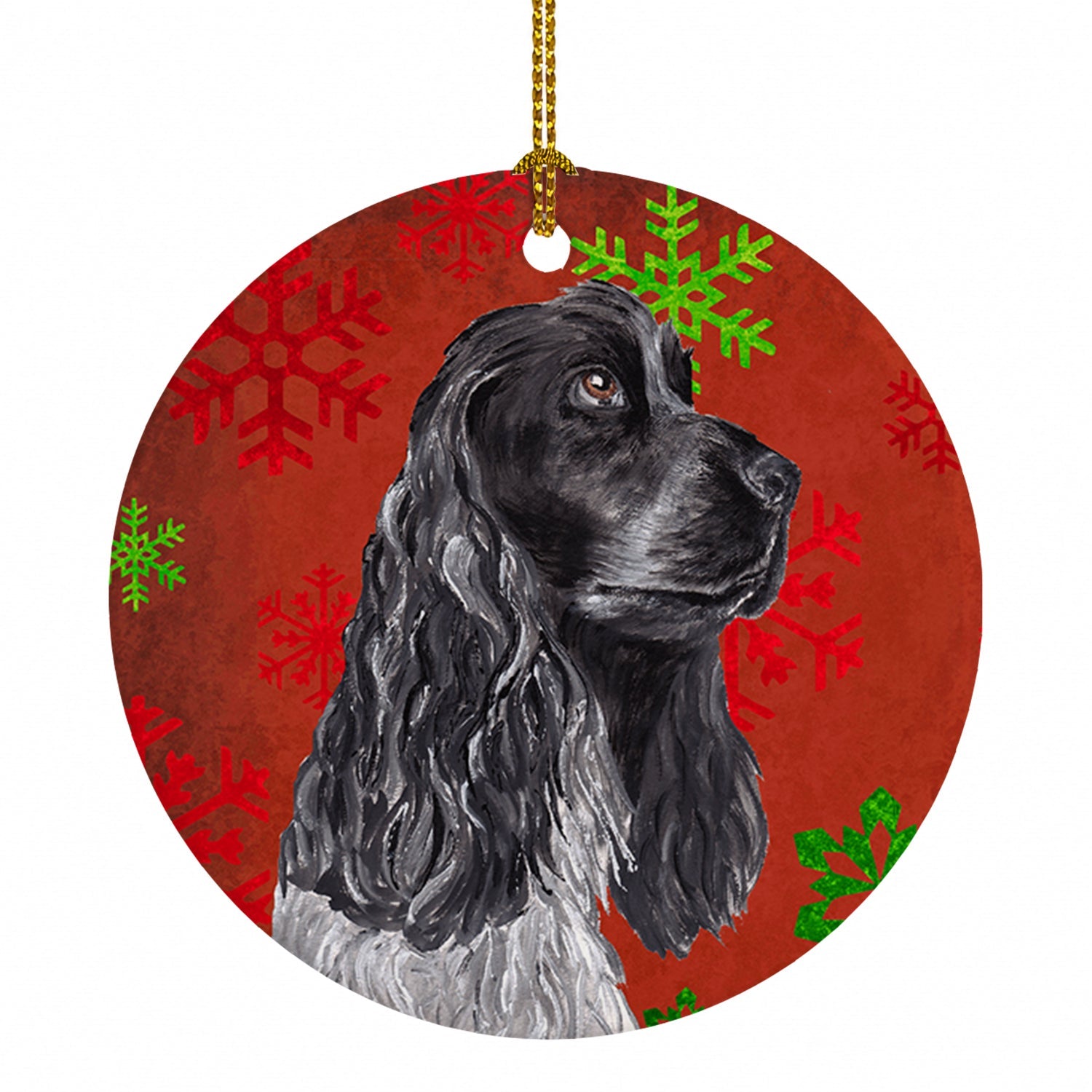 Black Cocker Spaniel Red Snowflakes Holiday Ceramic Ornament Christmas Tree Hanging Decorations for Home Christmas Holiday, Party, Gift, 3 in, Multicolor