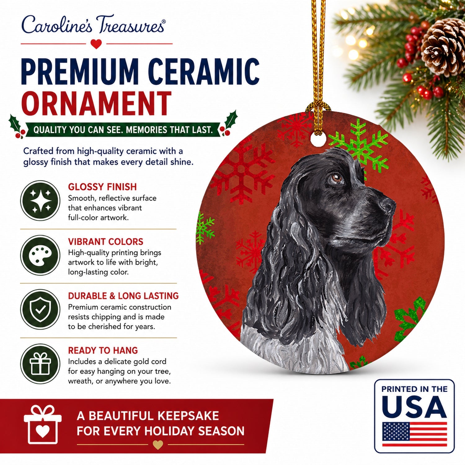 Black Cocker Spaniel Red Snowflakes Holiday Ceramic Ornament Christmas Tree Hanging Decorations for Home Christmas Holiday, Party, Gift, 3 in, Multicolor
