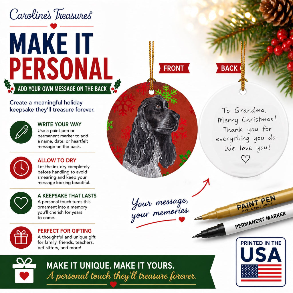 Black Cocker Spaniel Red Snowflakes Holiday Ceramic Ornament Christmas Tree Hanging Decorations for Home Christmas Holiday, Party, Gift, 3 in, Multicolor