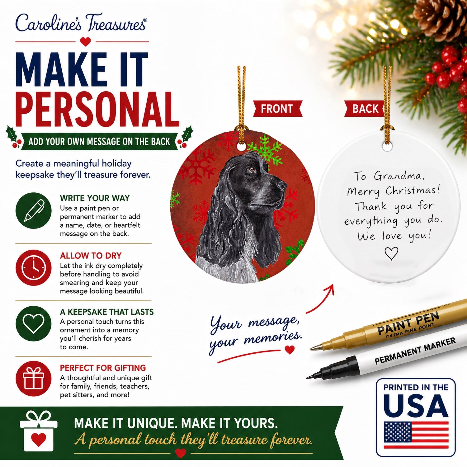 Black Cocker Spaniel Red Snowflakes Holiday Ceramic Ornament Christmas Tree Hanging Decorations for Home Christmas Holiday, Party, Gift, 3 in, Multicolor