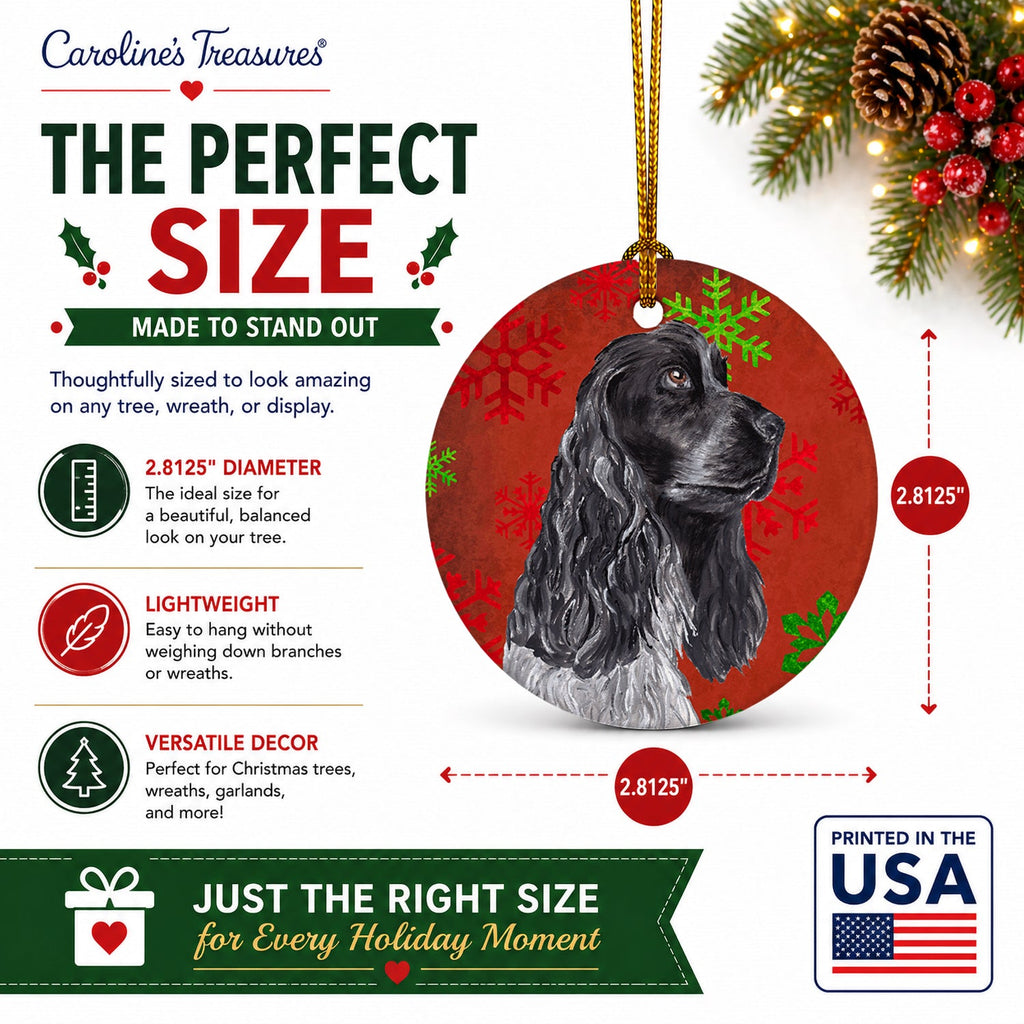 Black Cocker Spaniel Red Snowflakes Holiday Ceramic Ornament Christmas Tree Hanging Decorations for Home Christmas Holiday, Party, Gift, 3 in, Multicolor