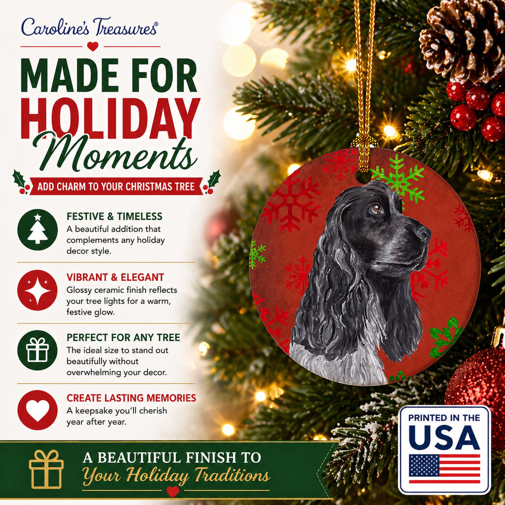 Black Cocker Spaniel Red Snowflakes Holiday Ceramic Ornament Christmas Tree Hanging Decorations for Home Christmas Holiday, Party, Gift, 3 in, Multicolor