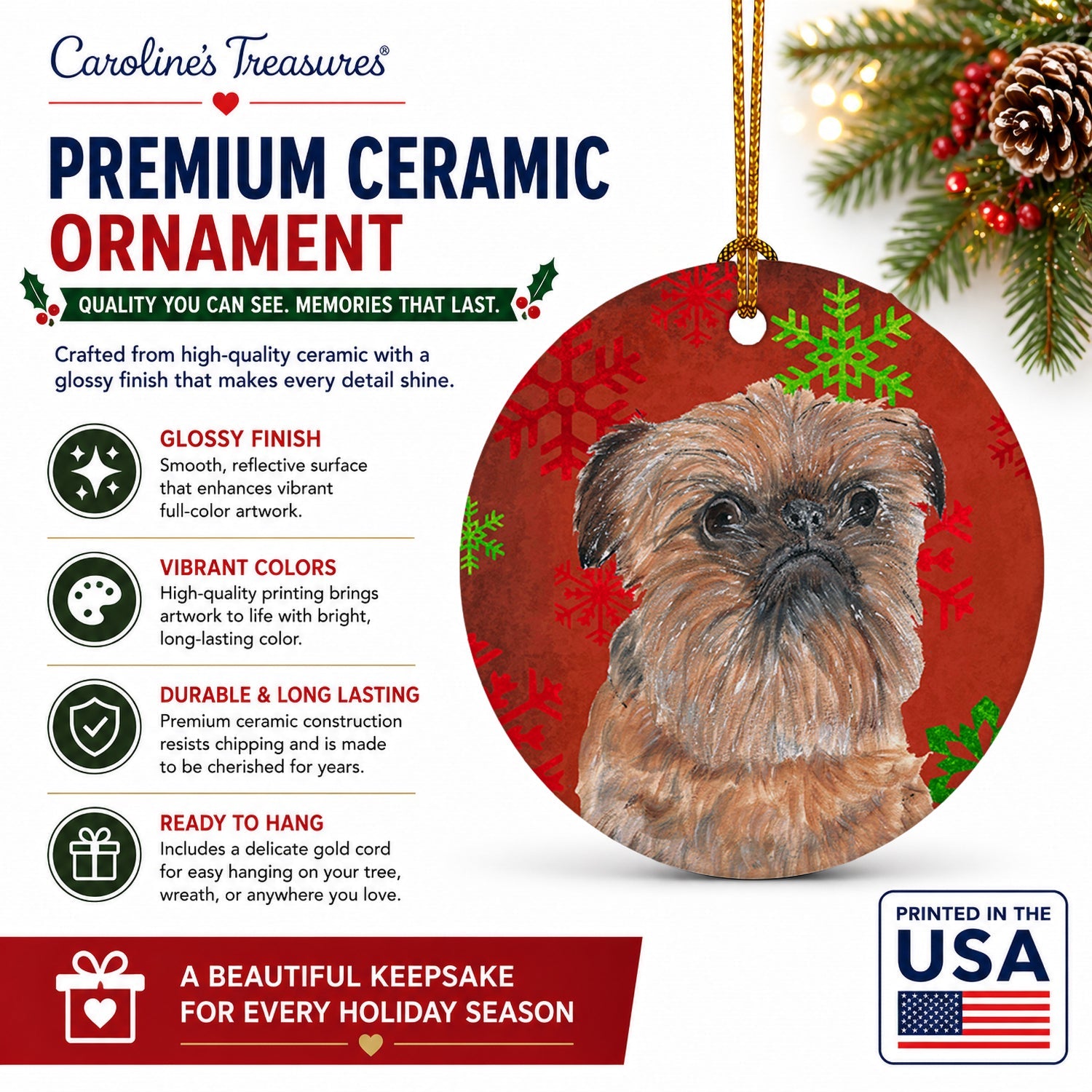 Brussels Griffon Red Snowflakes Holiday Ceramic Ornament Christmas Tree Hanging Decorations for Home Christmas Holiday, Party, Gift, 3 in, Multicolor