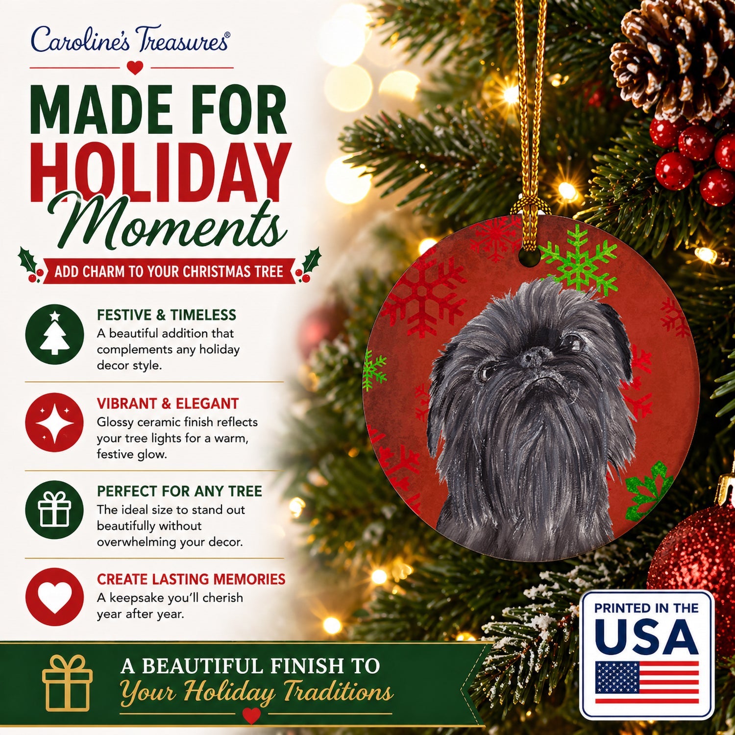 Brussels Griffon Red Snowflakes Holiday Ceramic Ornament Christmas Tree Hanging Decorations for Home Christmas Holiday, Party, Gift, 3 in, Multicolor