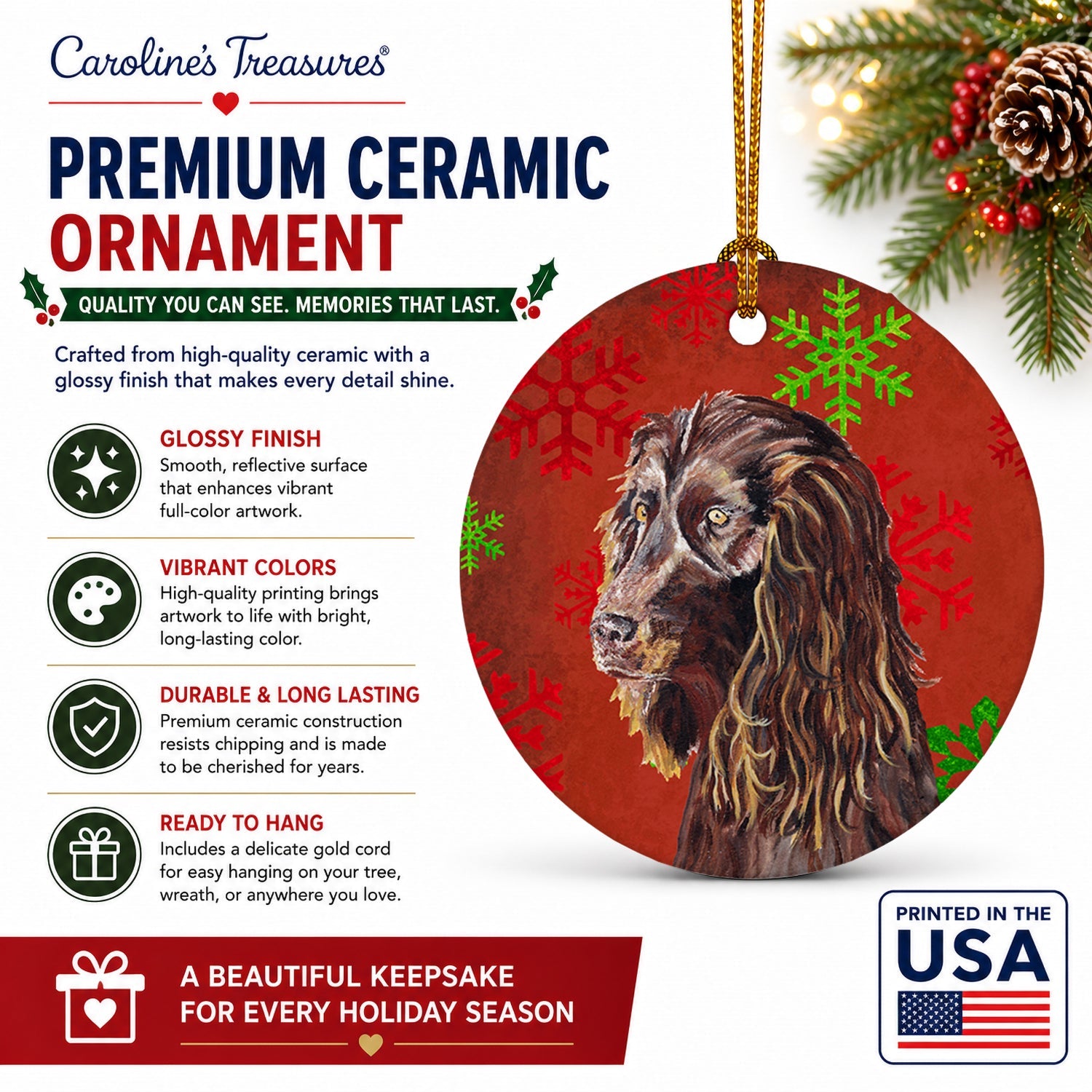 Boykin Spaniel Red Snowflakes Holiday Ceramic Ornament Christmas Tree Hanging Decorations for Home Christmas Holiday, Party, Gift, 3 in, Multicolor
