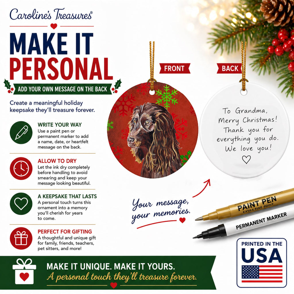 Boykin Spaniel Red Snowflakes Holiday Ceramic Ornament Christmas Tree Hanging Decorations for Home Christmas Holiday, Party, Gift, 3 in, Multicolor