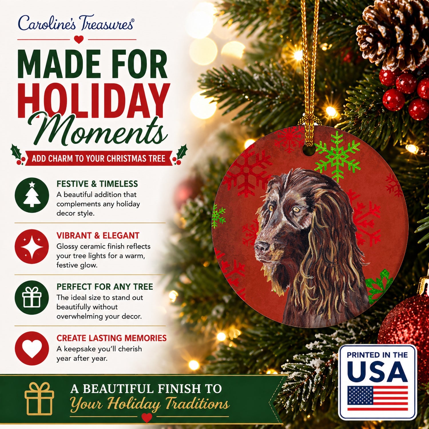 Boykin Spaniel Red Snowflakes Holiday Ceramic Ornament Christmas Tree Hanging Decorations for Home Christmas Holiday, Party, Gift, 3 in, Multicolor