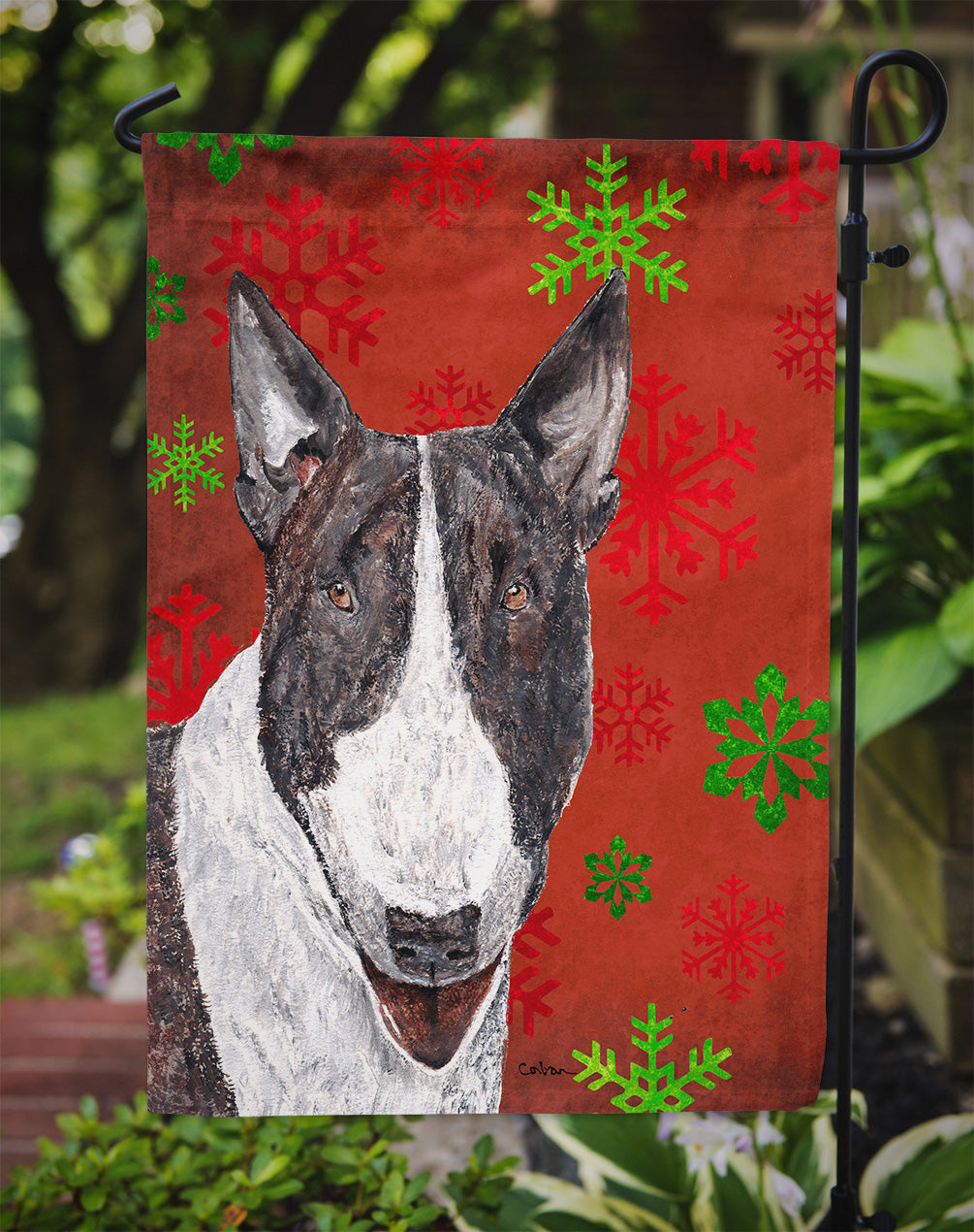 Bull Terrier Red Snowflakes Holiday Garden Flag Mailbox Decorative Yard Banner Outside Patio Artwork for Flower Beds, Garden Size, Multicolor