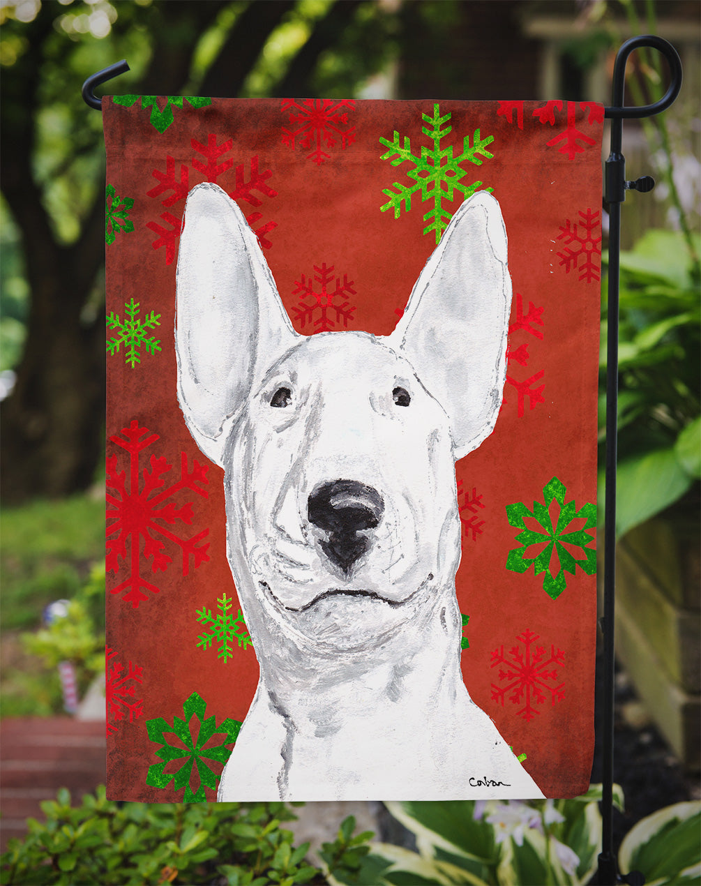 Bull Terrier Red Snowflakes Holiday Garden Flag Mailbox Decorative Yard Banner Outside Patio Artwork for Flower Beds, Garden Size, Multicolor