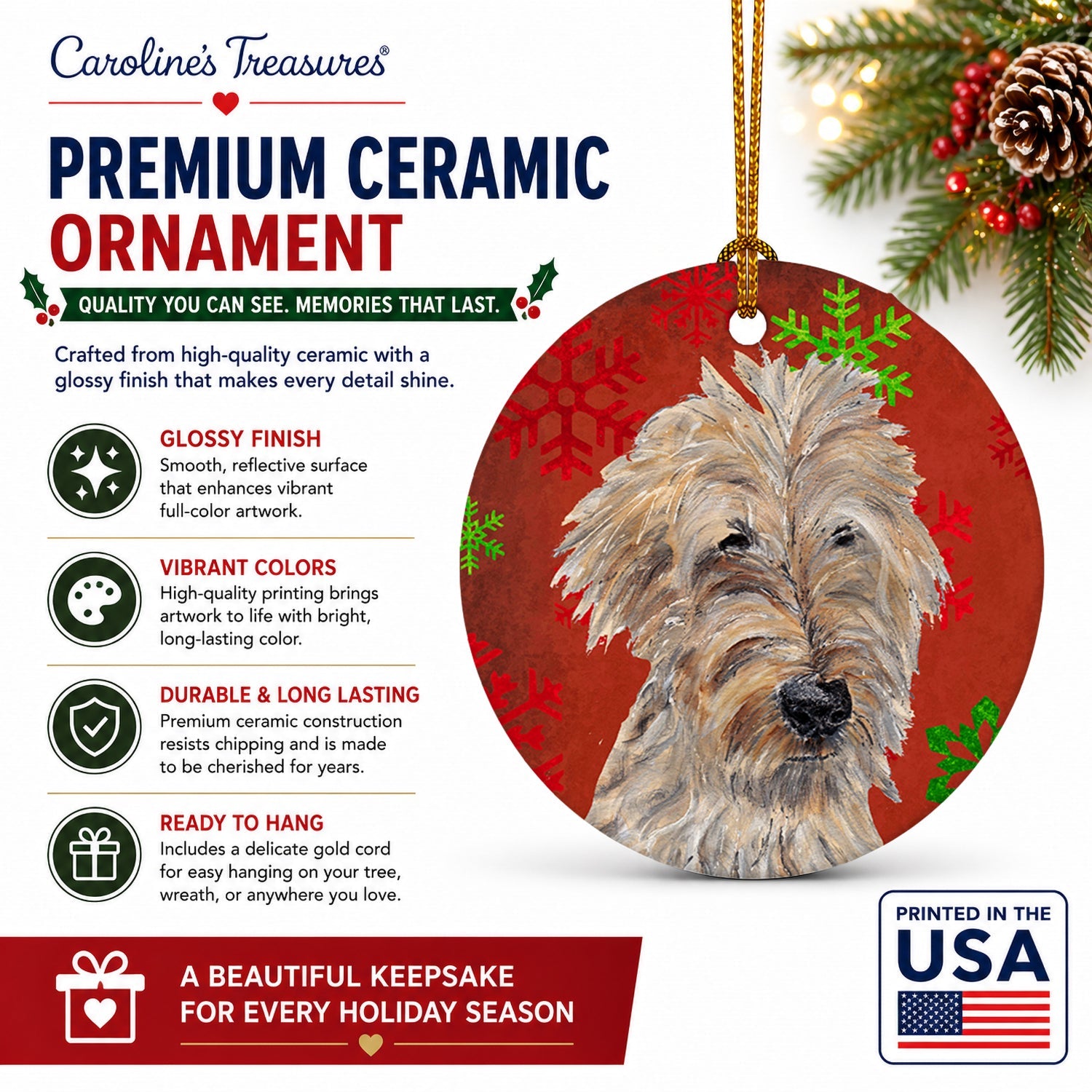 Golden Doodle Red Snowflakes Holiday Ceramic Ornament Christmas Tree Hanging Decorations for Home Christmas Holiday, Party, Gift, 3 in, Multicolor