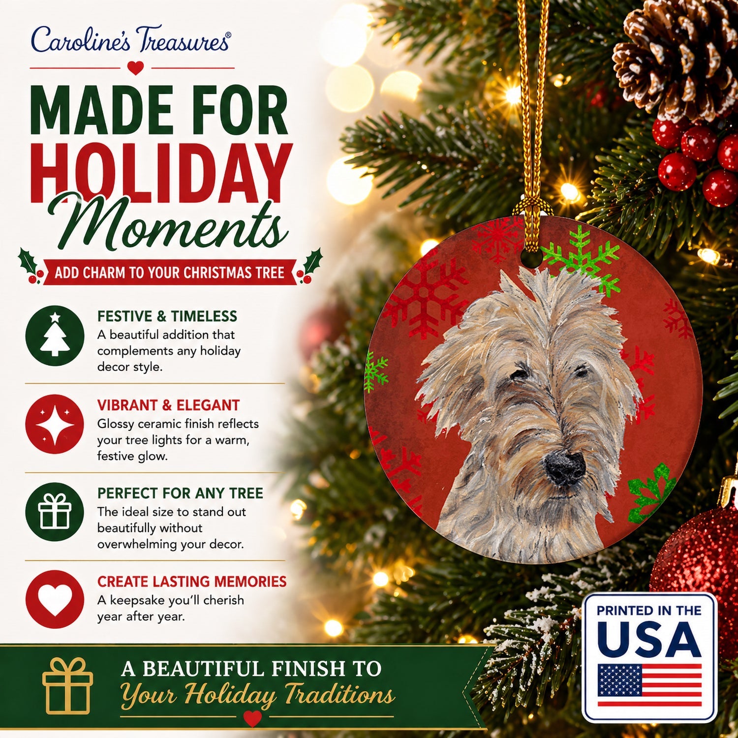 Golden Doodle Red Snowflakes Holiday Ceramic Ornament Christmas Tree Hanging Decorations for Home Christmas Holiday, Party, Gift, 3 in, Multicolor
