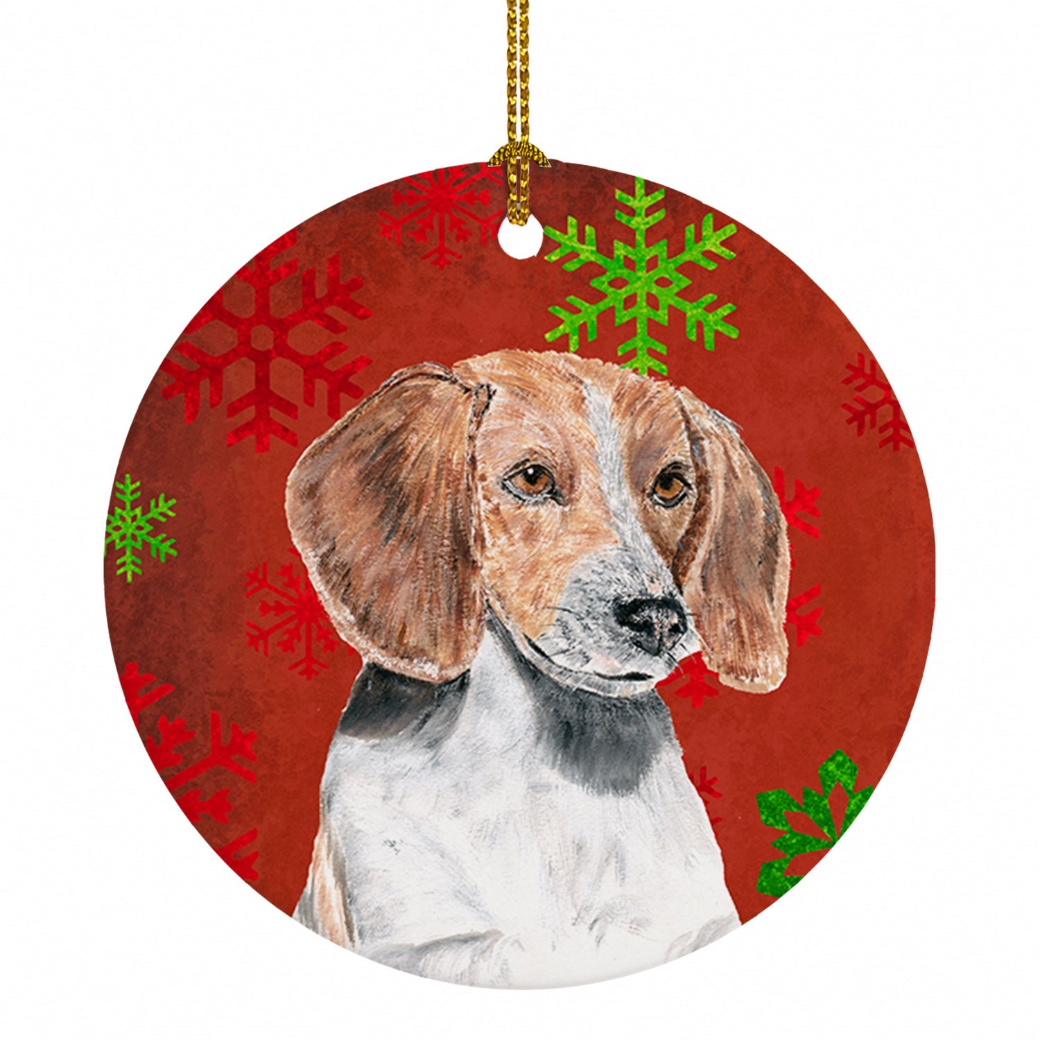 English Foxhound Red Snowflakes Holiday Ceramic Ornament Christmas Tree Hanging Decorations for Home Christmas Holiday, Party, Gift, 3 in, Multicolor