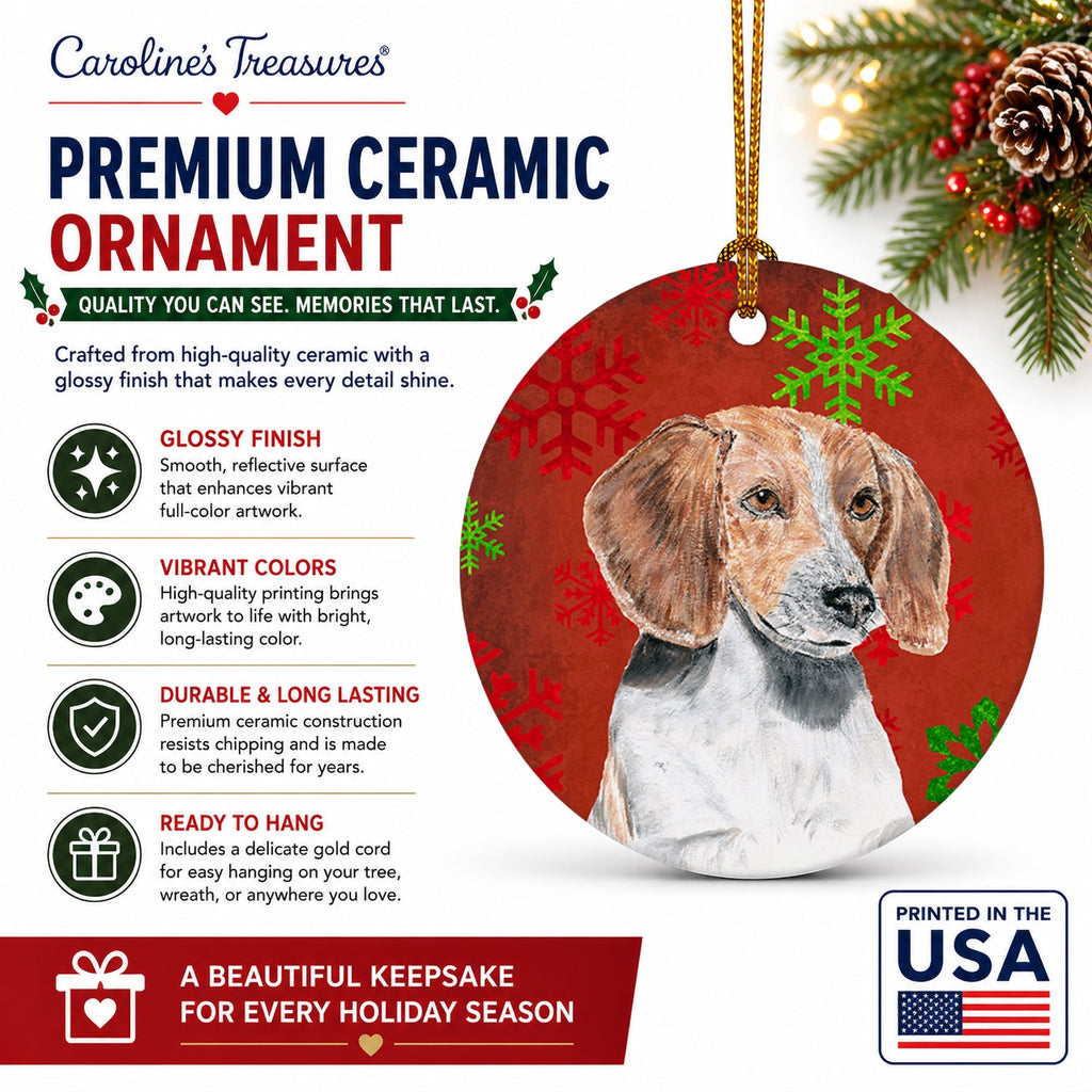 English Foxhound Red Snowflakes Holiday Ceramic Ornament Christmas Tree Hanging Decorations for Home Christmas Holiday, Party, Gift, 3 in, Multicolor