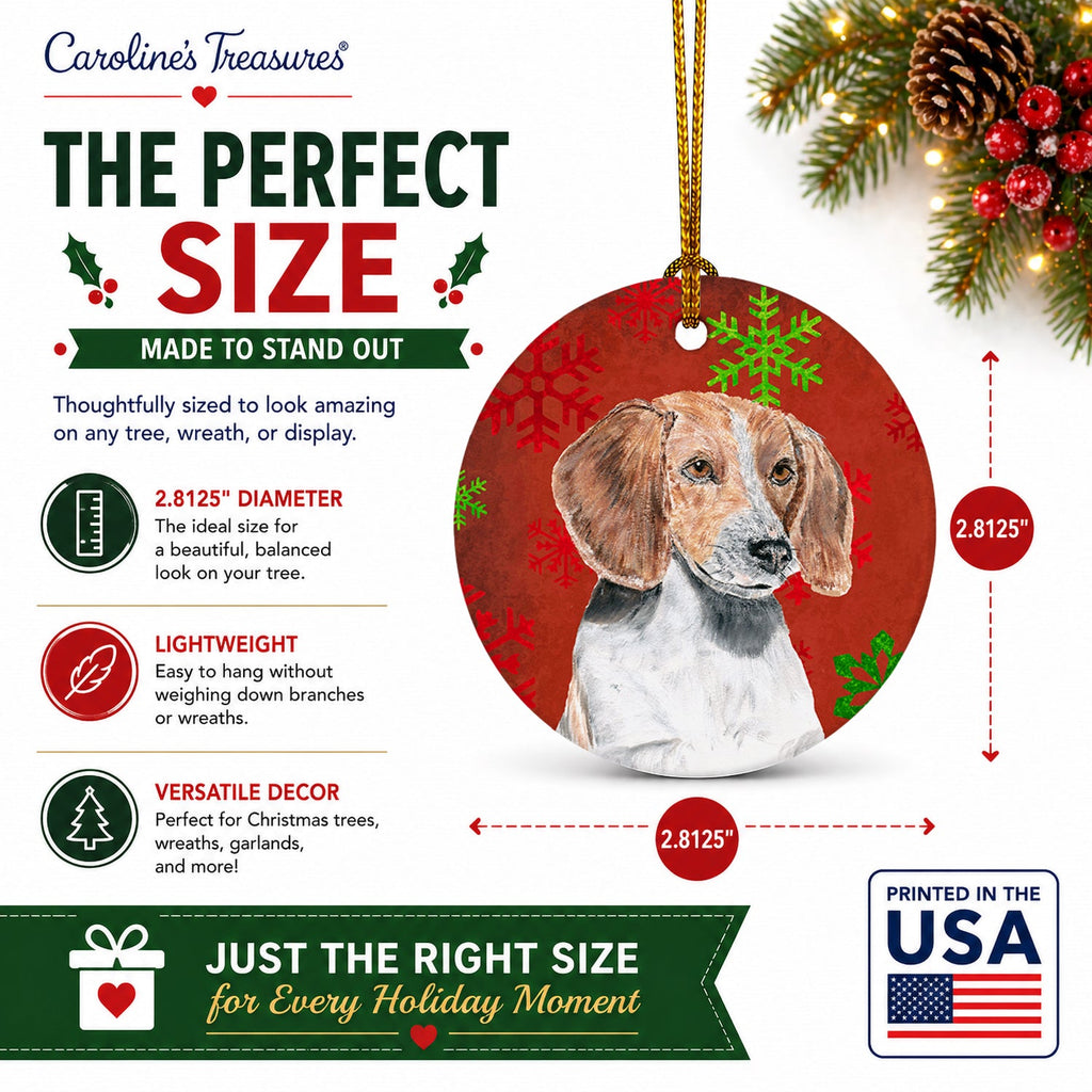 English Foxhound Red Snowflakes Holiday Ceramic Ornament Christmas Tree Hanging Decorations for Home Christmas Holiday, Party, Gift, 3 in, Multicolor
