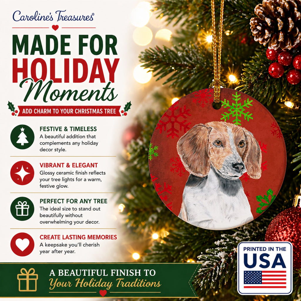 English Foxhound Red Snowflakes Holiday Ceramic Ornament Christmas Tree Hanging Decorations for Home Christmas Holiday, Party, Gift, 3 in, Multicolor