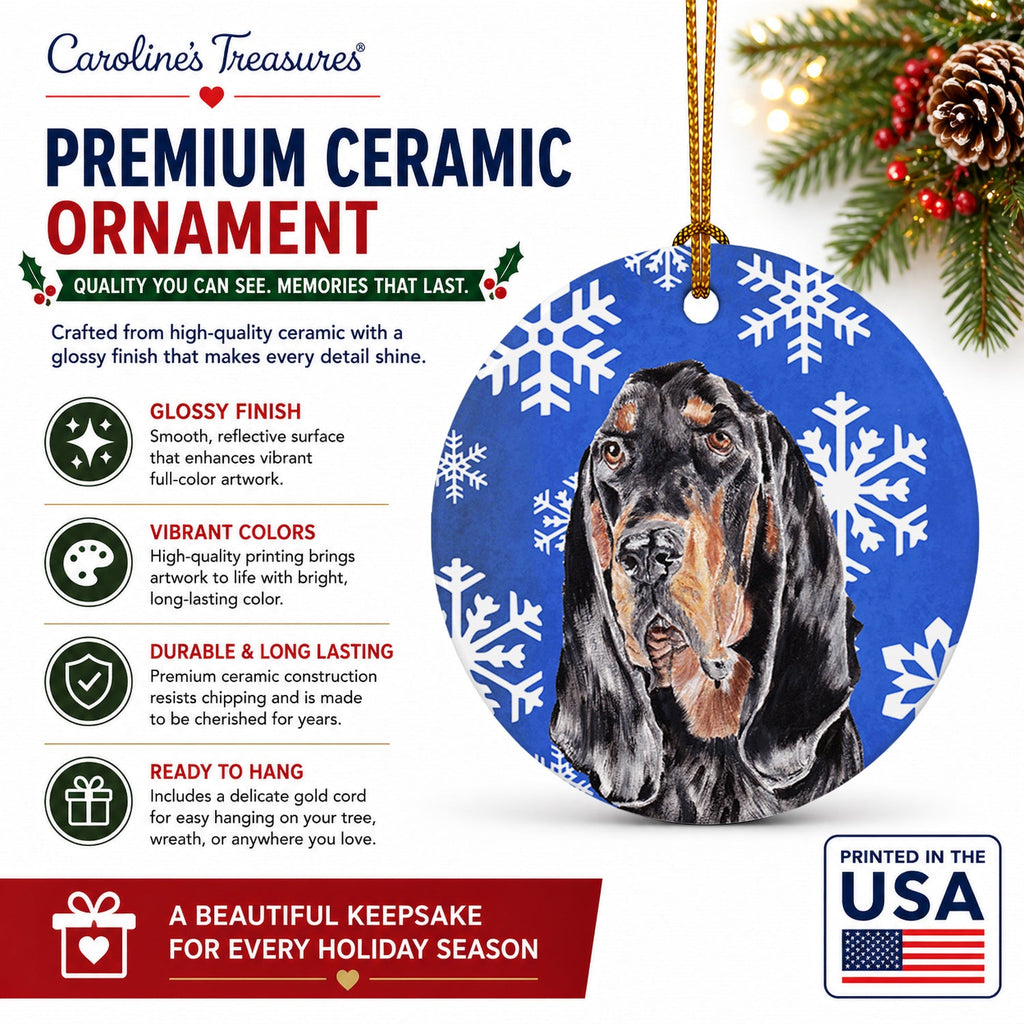 Black and Tan Coonhound Winter Snowflakes Ceramic Ornament Christmas Tree Hanging Decorations for Home Christmas Holiday, Party, Gift, 3 in, Multicolor